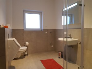 Buồng tắm vòi sen, máy sấy tóc, khăn tắm, xà phòng 