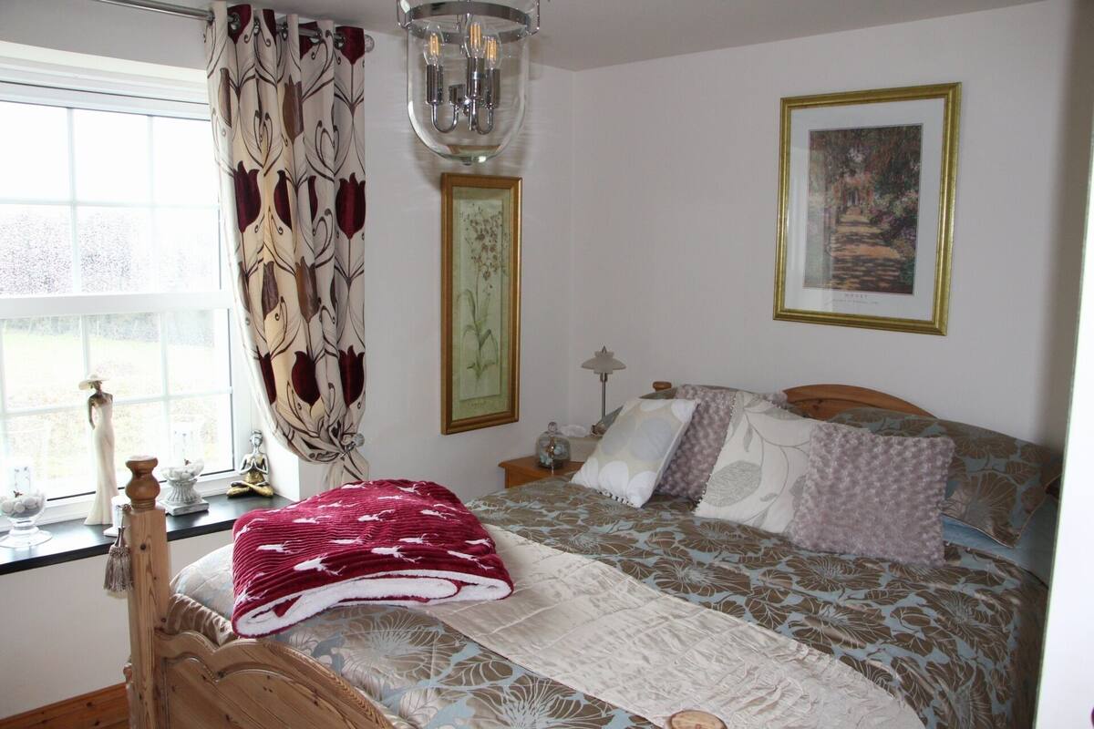 Quarto com cama de madeira, roupa de cama estampada, janela com cortinas, lustre e quadros nas paredes.