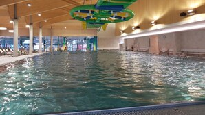 Piscina interior con agua cristalina, vigas de techo de madera y vistas al exterior a través de amplios ventanales.