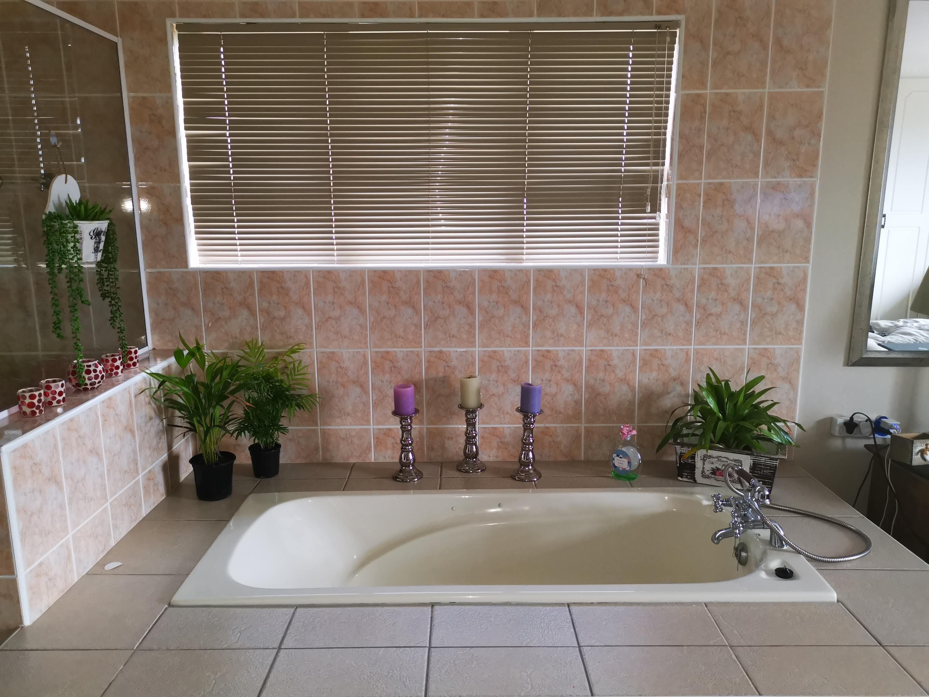A bathroom with a bathtub, potted plants, and a window with blinds.