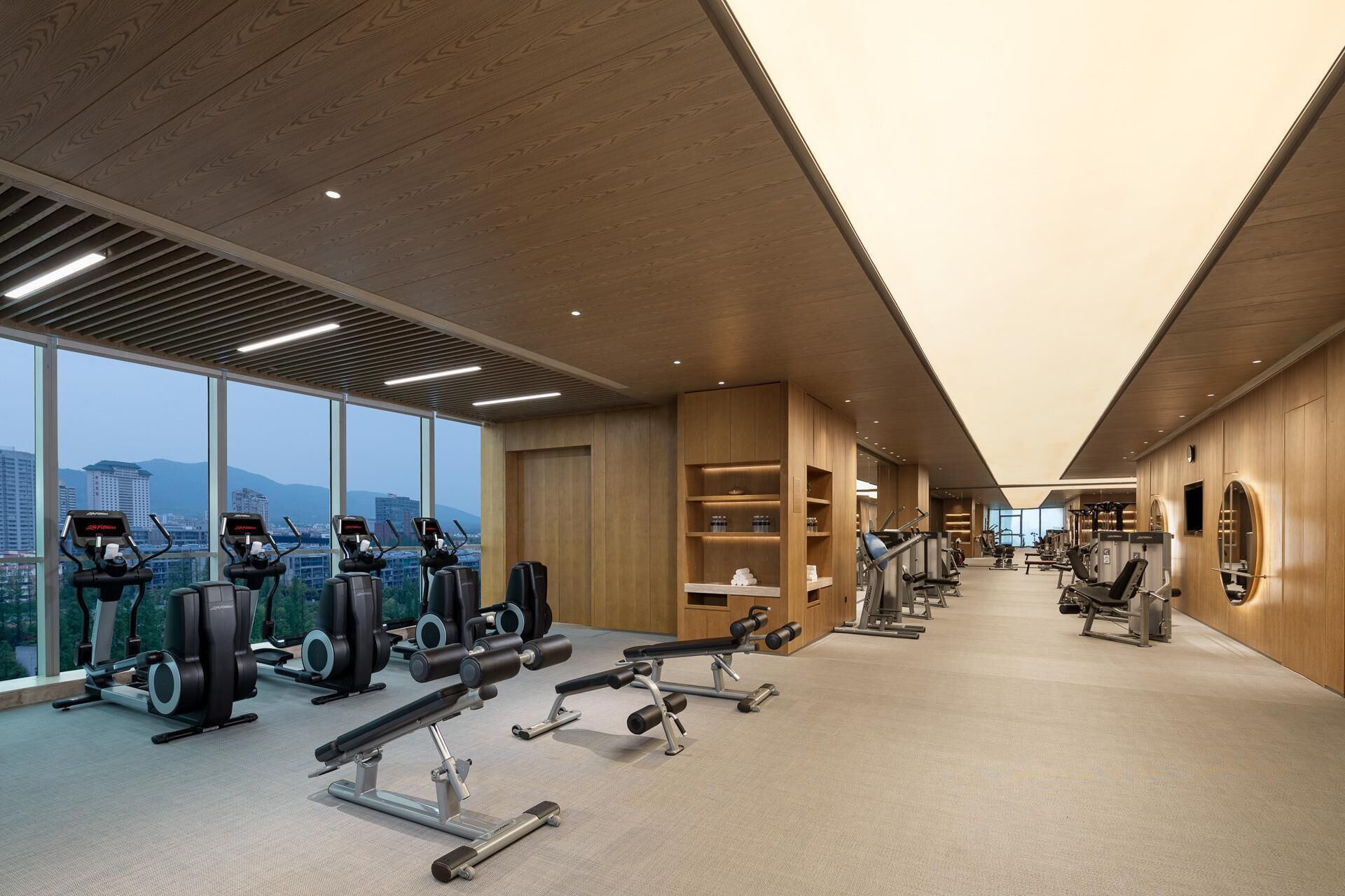 A modern gym with cardio machines, weightlifting equipment, and large windows offering city views.