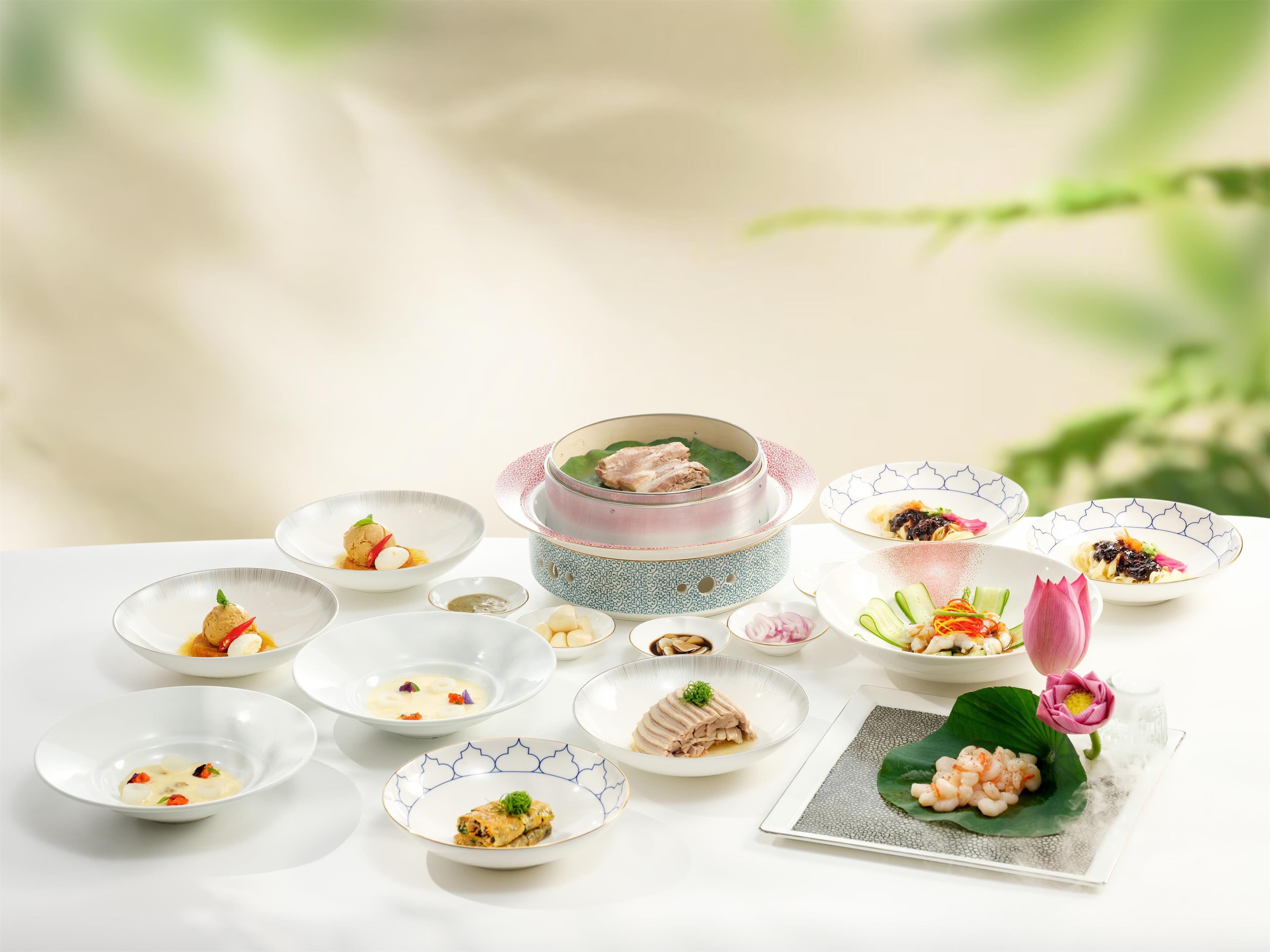 A variety of dishes arranged on a table with a white background.