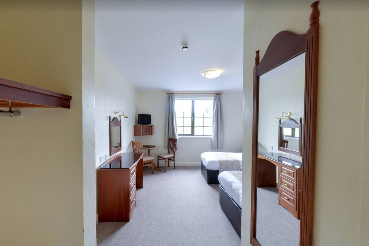 Habitación de hotel con cama, escritorio, silla, cómoda, televisor y un espejo grande.