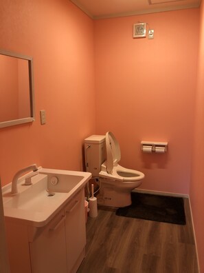 A bathroom with a sink, toilet, and mirror. - Oyado Zen (Kusatsu)