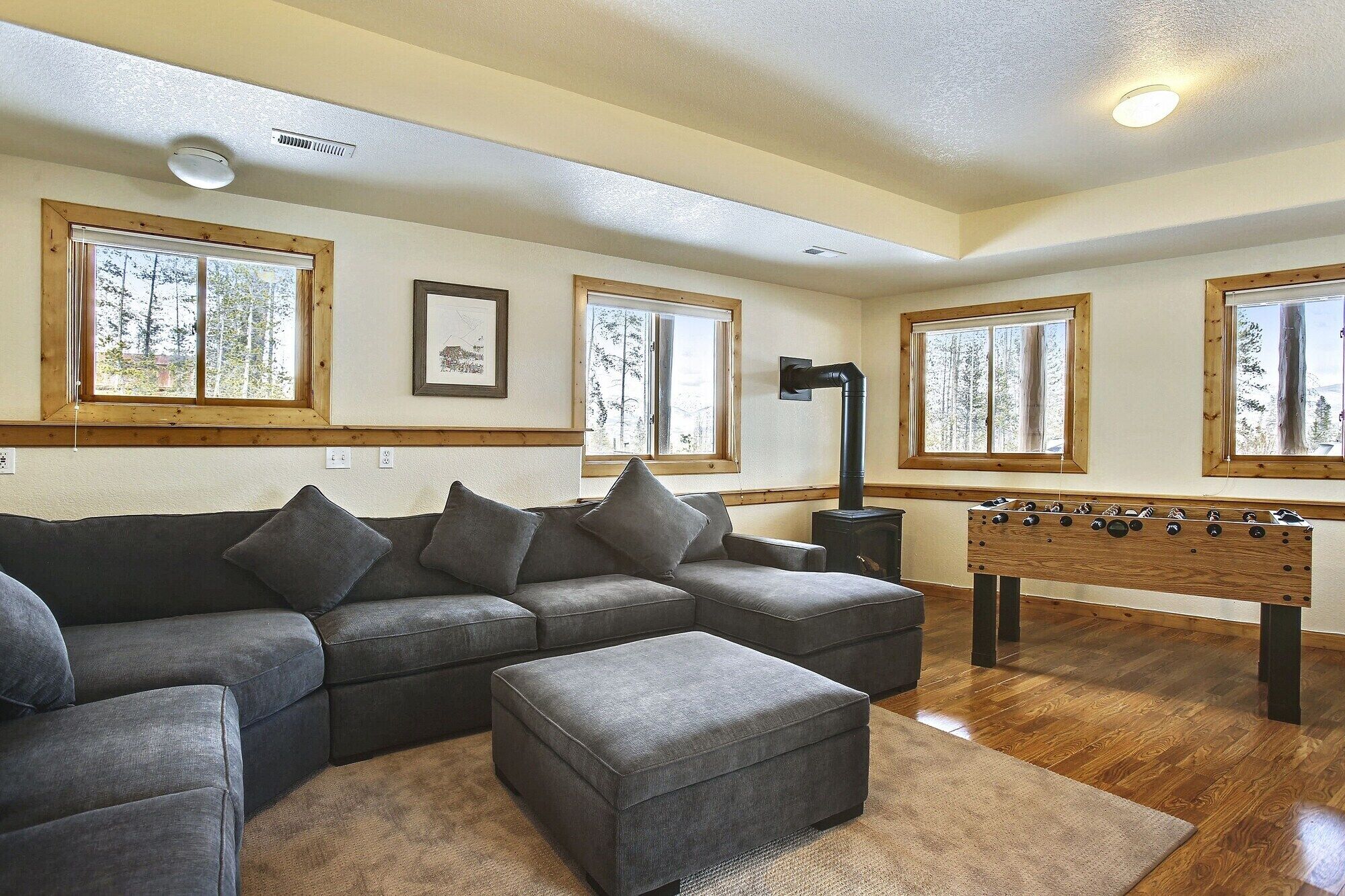 TV, fireplace, table football