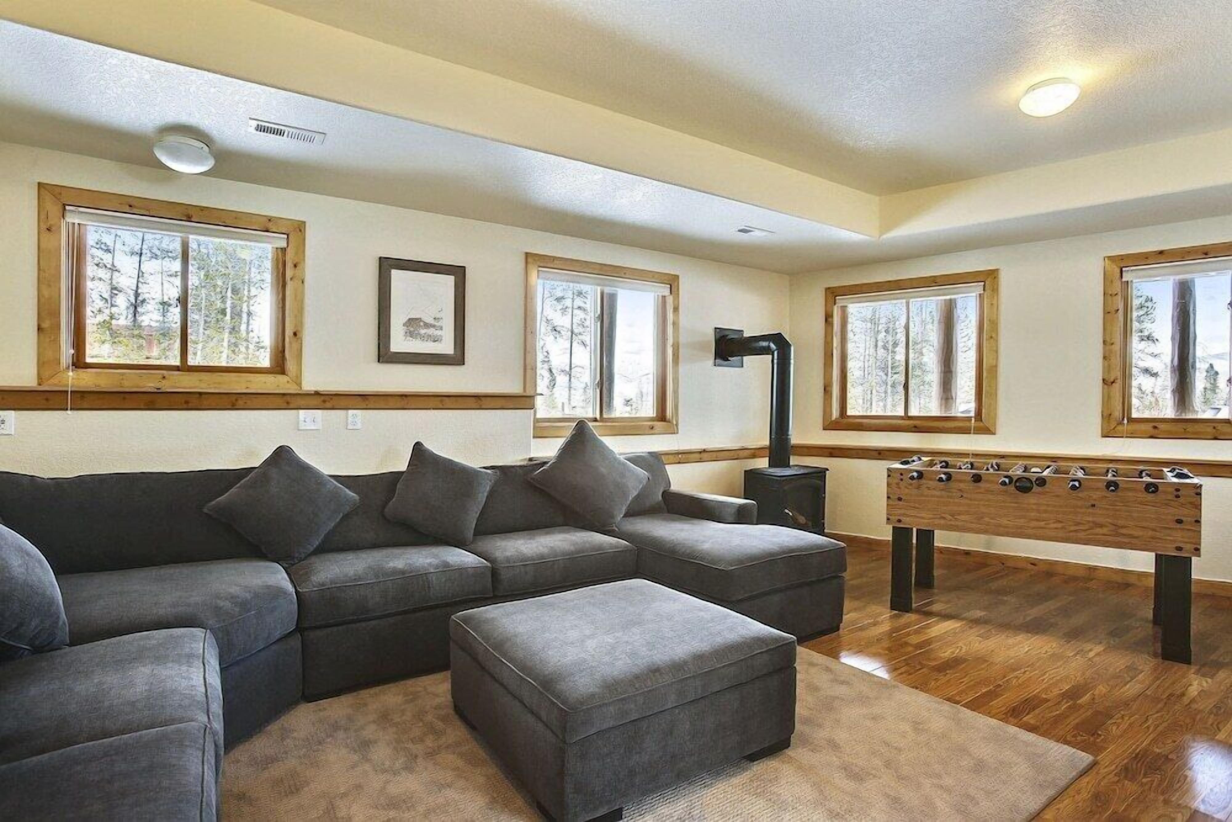 TV, fireplace, table football