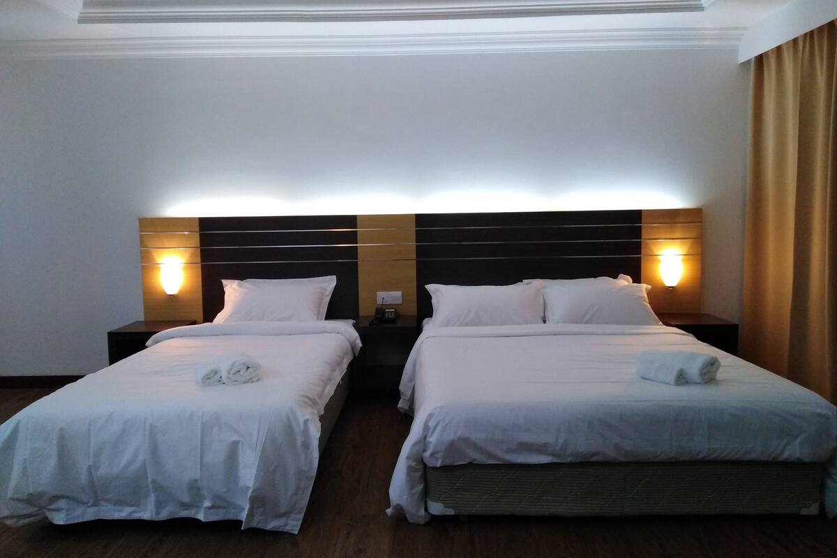 Habitación de hotel con dos camas individuales, cada una con cabecero y lámparas de noche.