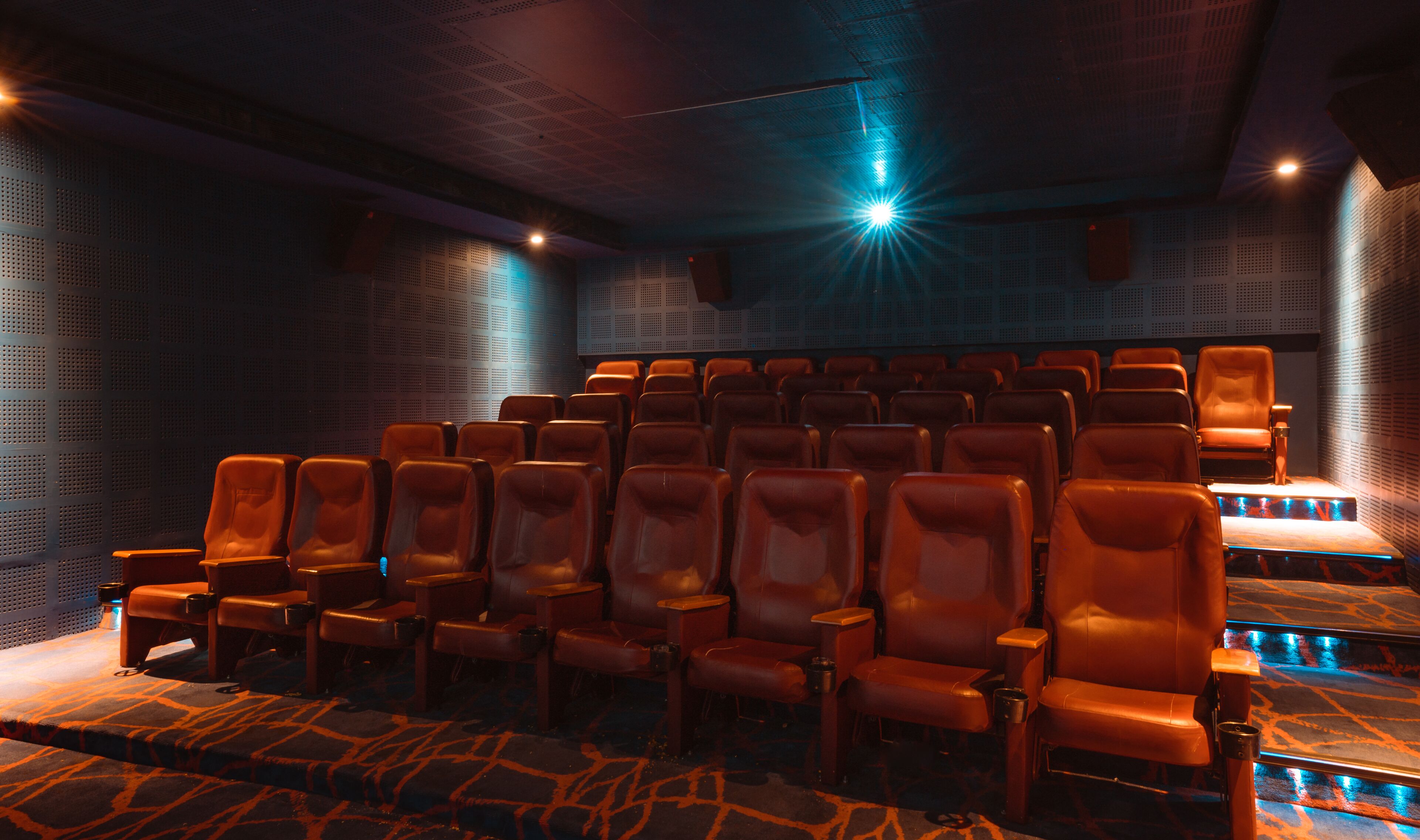 Ein Kino mit Ledersitzen, einem gemusterten Teppich und einer Decke mit perforierten Paneelen.