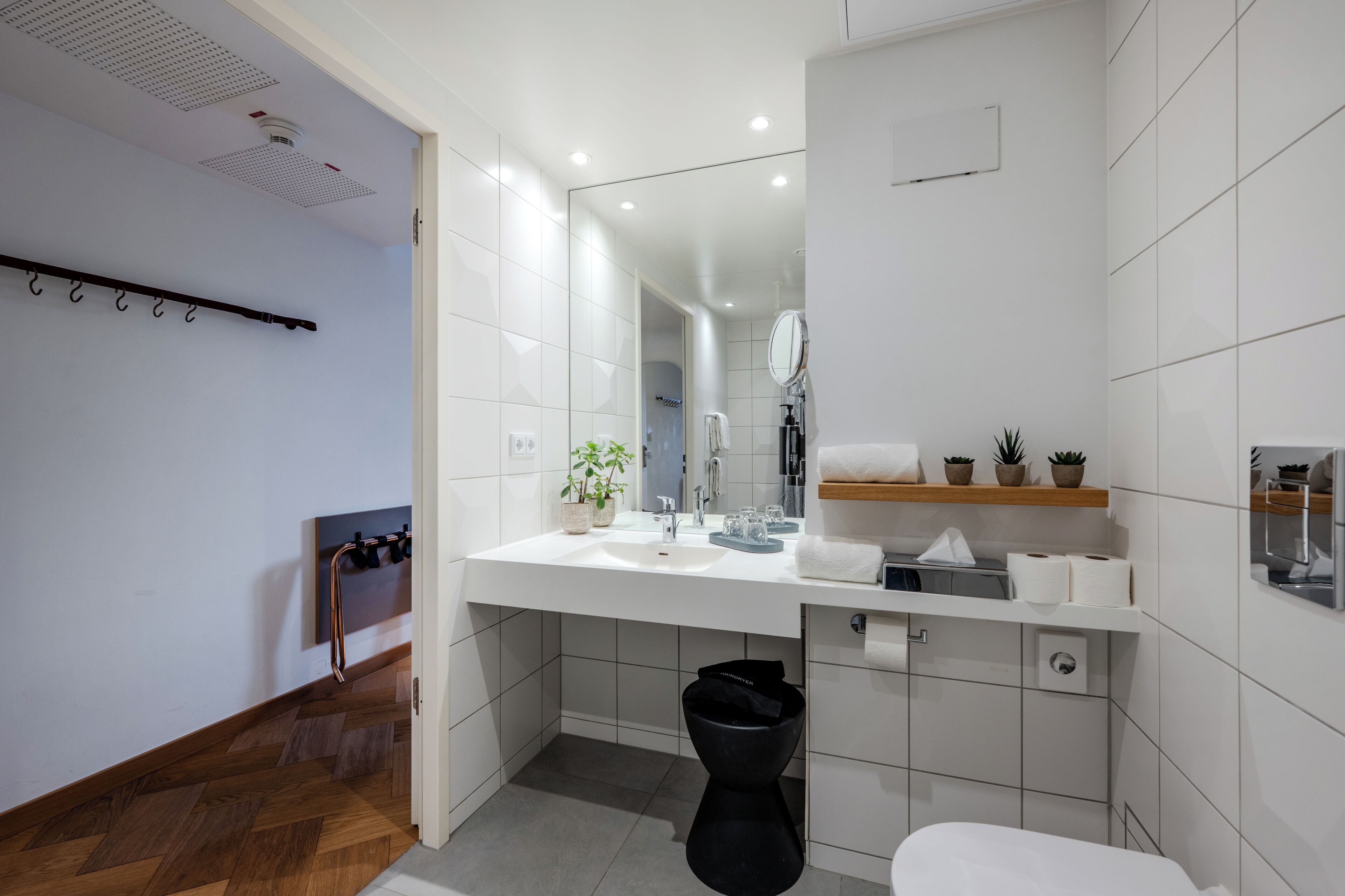 A modern bathroom with a white vanity, a mirror, a towel rack, and a small shelf with plants.