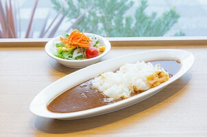 A plate of white rice with brown sauce and a side salad on a wooden table.