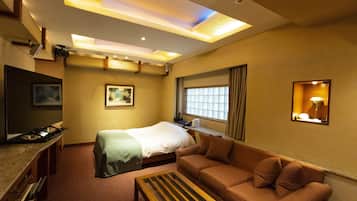 A hotel room with a bed, a sofa, a TV, a window, and a ceiling light fixture.