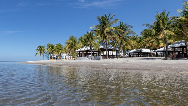 A beach with clear shallow waters, palm trees, and beach huts. - Coralview Beach Resort (Morong)
