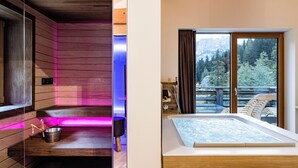 Une salle de spa moderne équipée d’un sauna en bois, d’une table de massage et d’un grand bain à remous offrant une vue sur les montagnes.