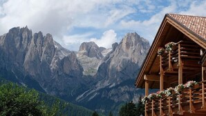 Un chalet de montagne avec une structure en bois et un balcon orné de fleurs.