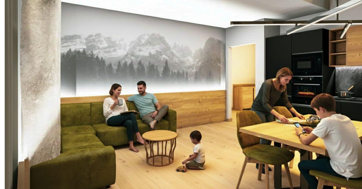A modern interior with a green sofa, a wooden dining table, and a large wall mural.