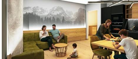 A modern interior with a green sofa, a wooden dining table, and a large wall mural.
