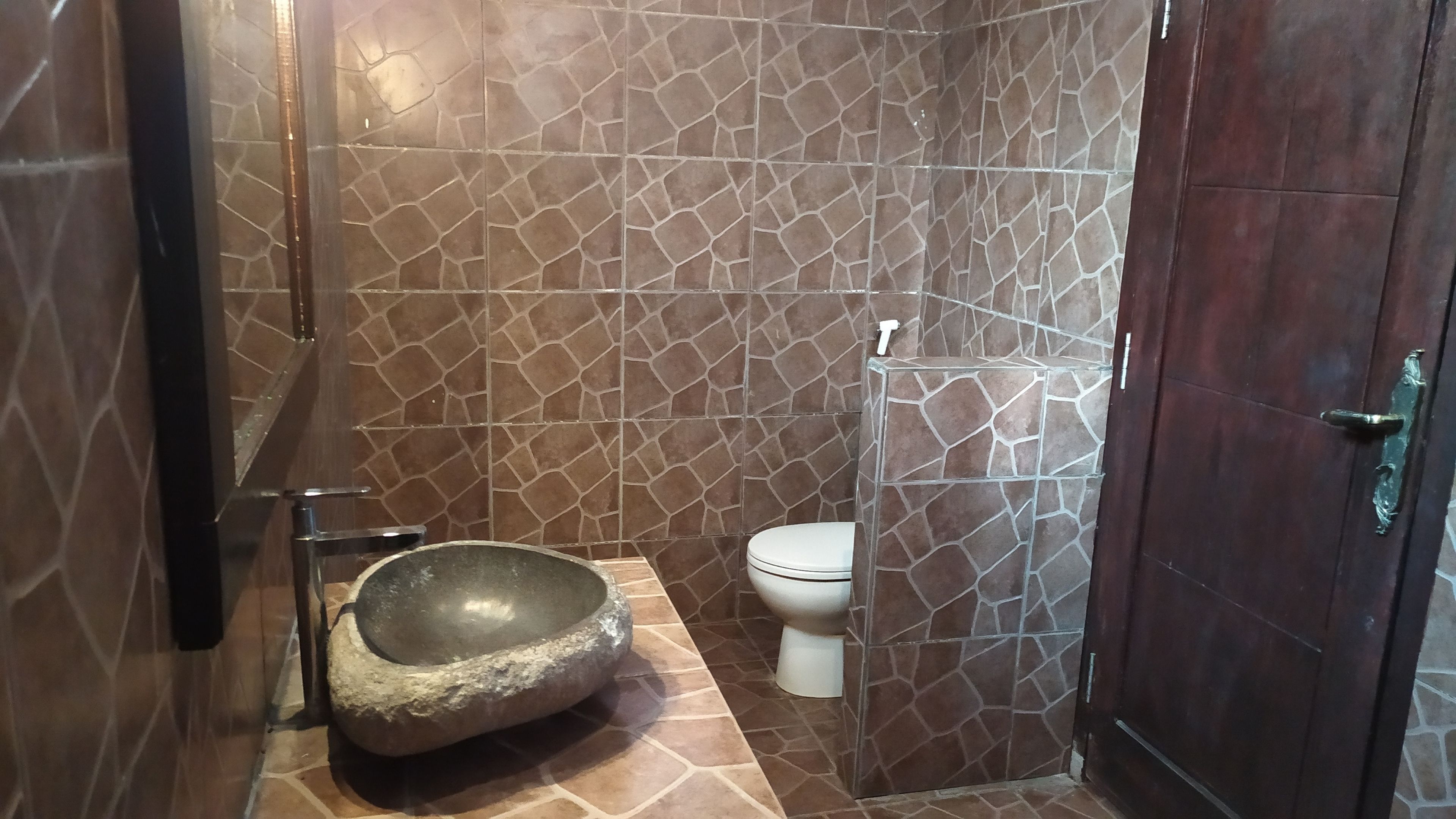 A bathroom with a stone sink, a toilet, and a shower area.