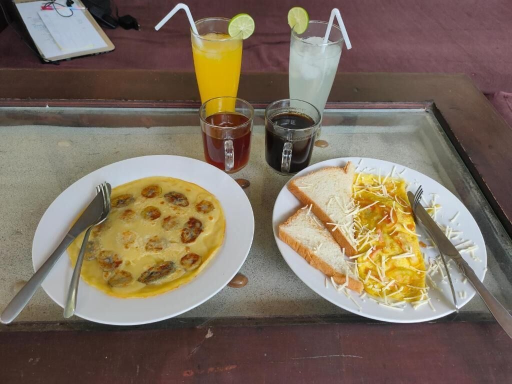 A meal tray with two plates of food, a drink, and a cup.