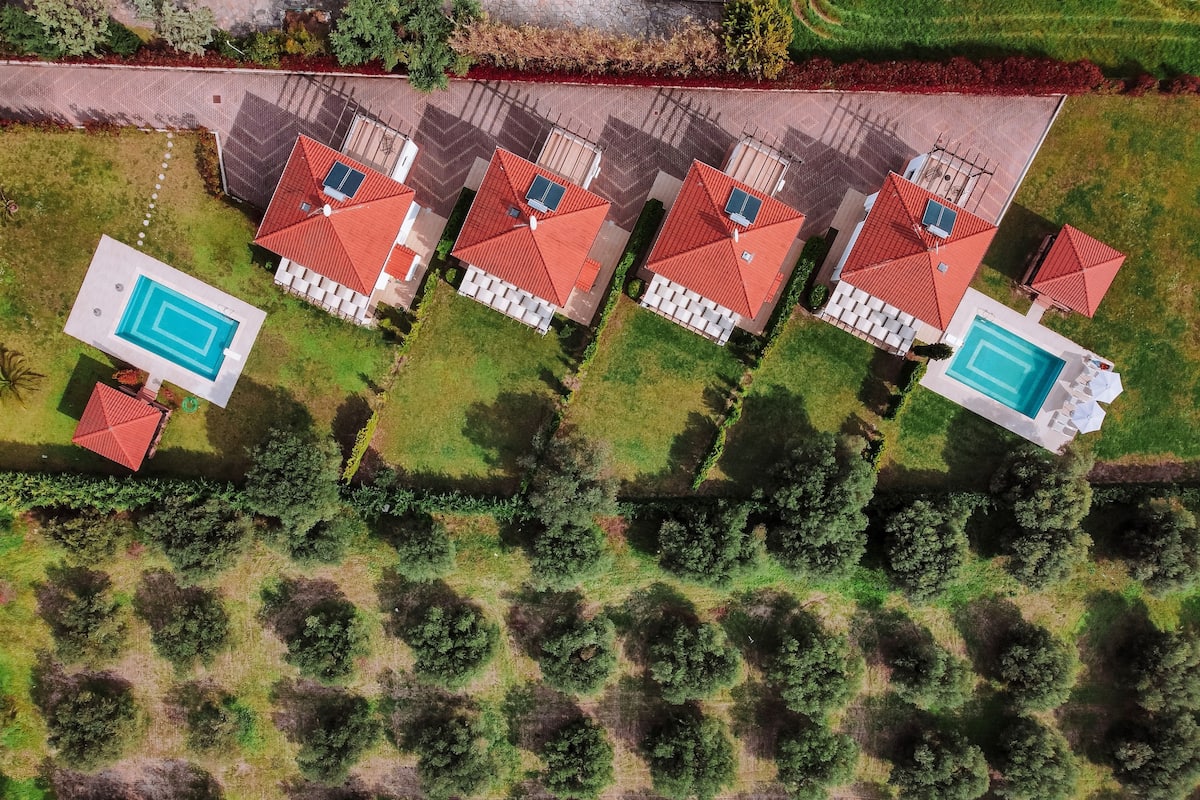 An aerial view of a residential area with multiple houses, each with a red roof and solar panels. There are two swimming pools, one on the left and one on the right.