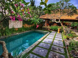 A swimming pool with stone tiles, surrounded by lush greenery and a thatched-roof structure.