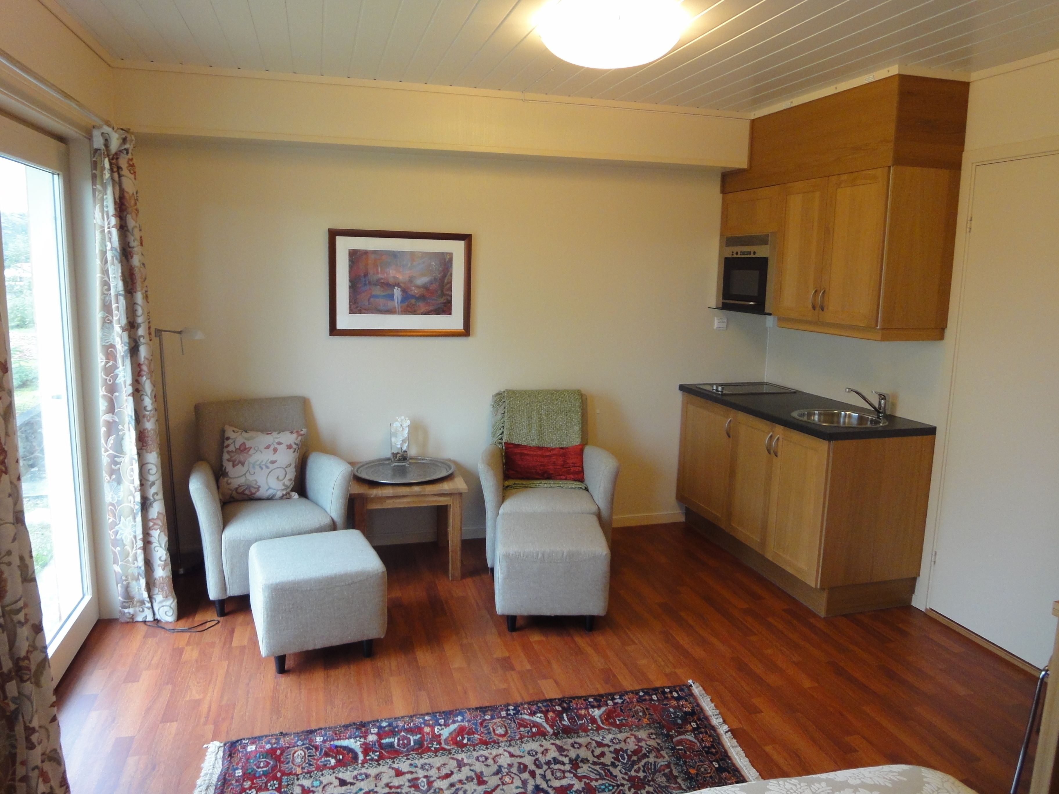 A compact living space with a kitchenette, two armchairs, a small table, and a rug.