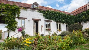 A white building with a red-tiled roof, surrounded by lush greenery and flowering plants. - L'Atterrissage (Santes)