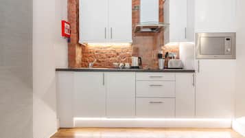 Fridge, microwave, electric kettle, toaster