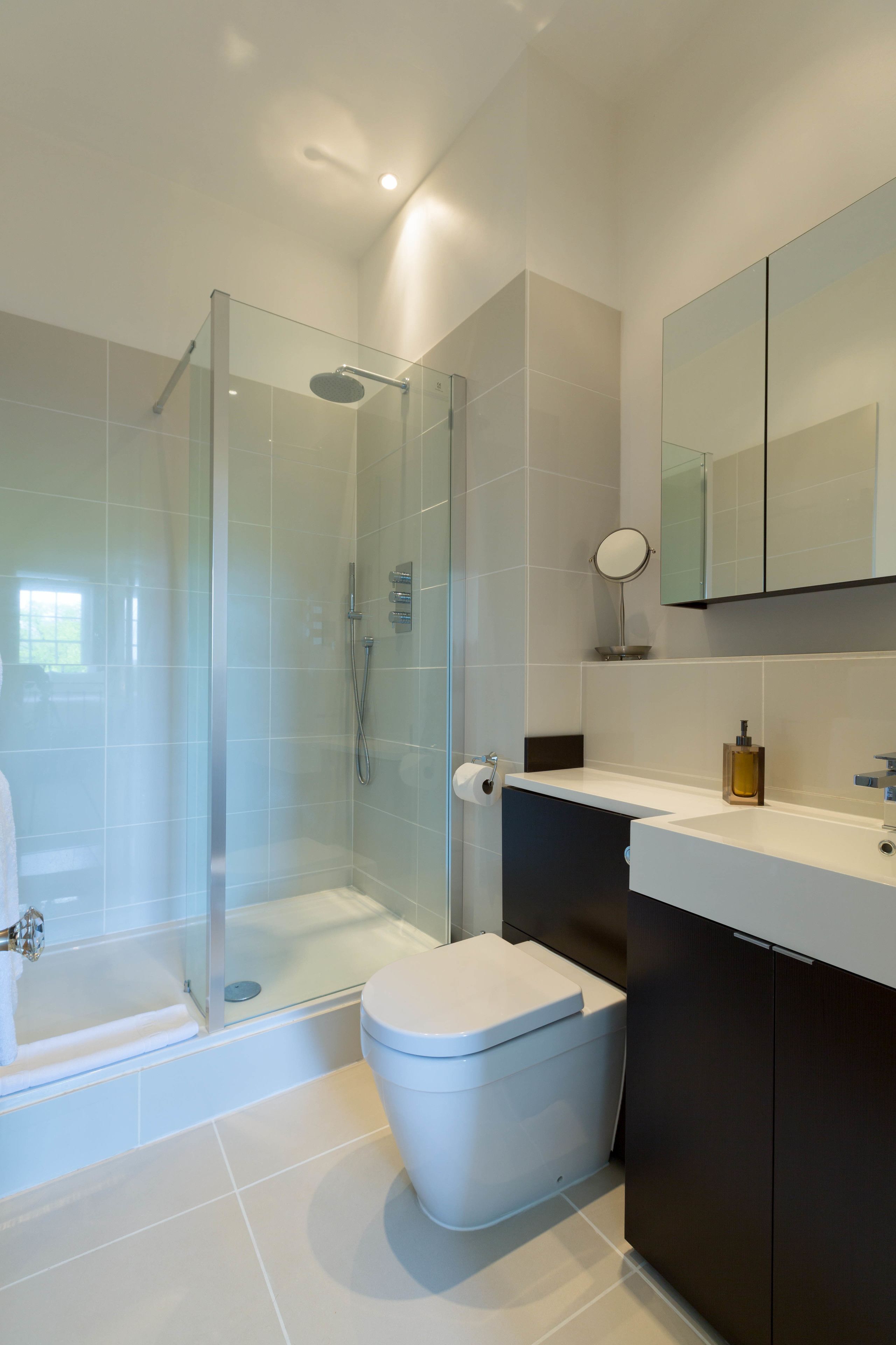 A modern bathroom with a glass-enclosed shower, a white toilet, and a vanity with a mirror and a bottle.