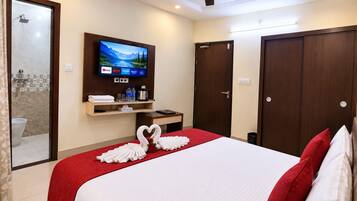 Una camera d'albergo con un letto, una televisione, una doccia e un armadio.
