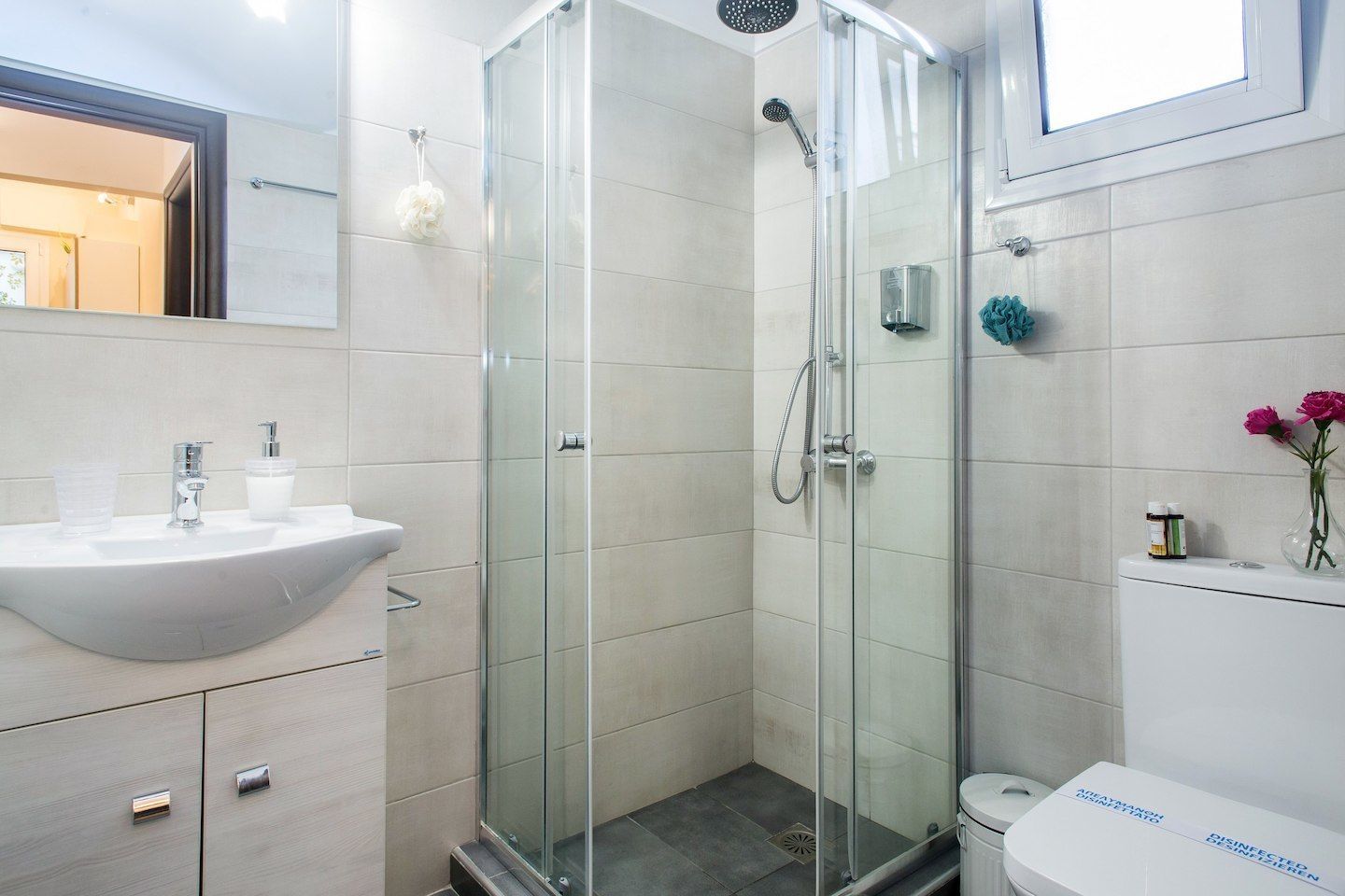 Un baño moderno con ducha envuelta en vidrio, un lavabo blanco y un inodoro.