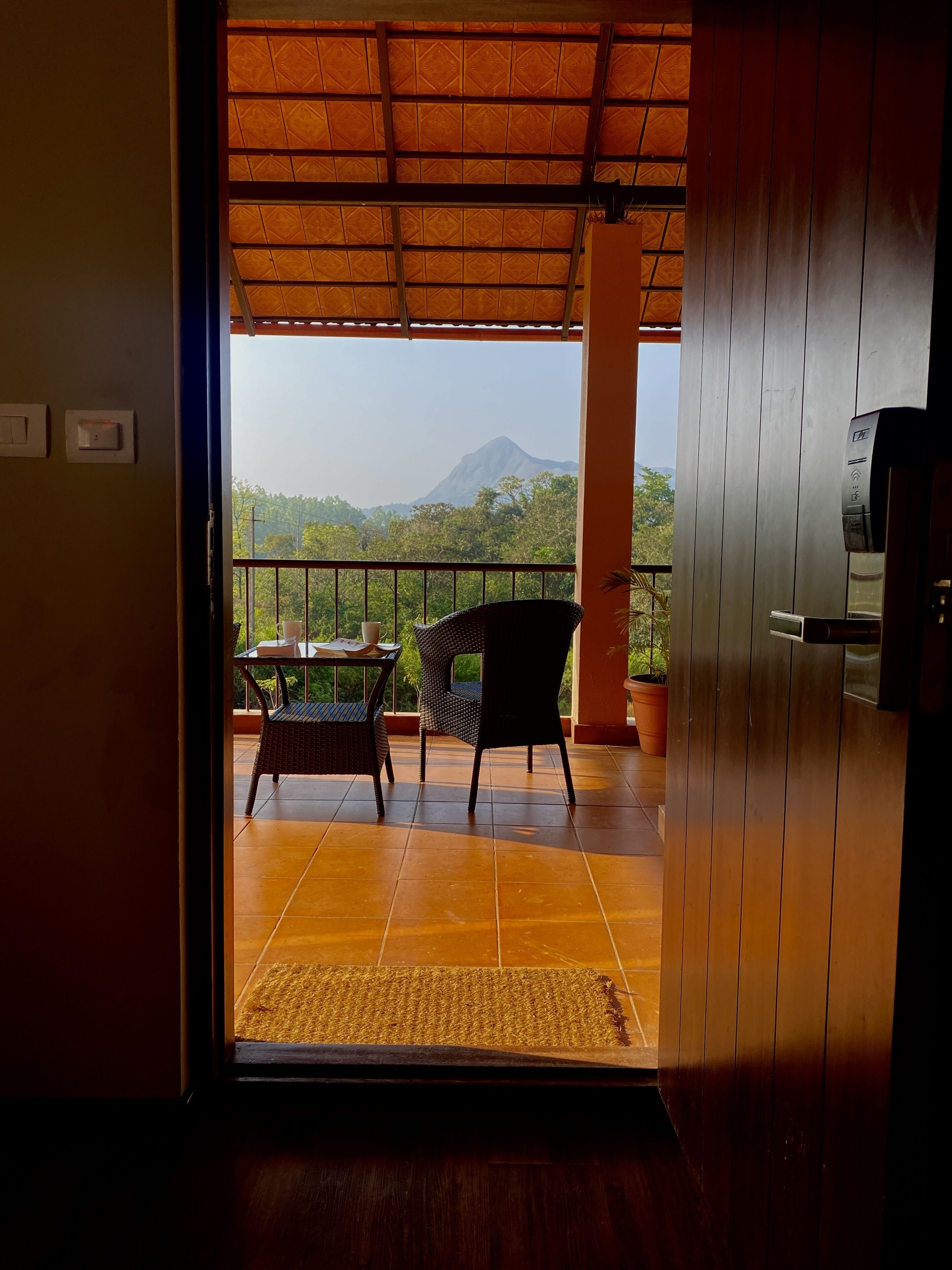 A room with a view of a mountain, a balcony with a table and chairs, and a wooden door.
