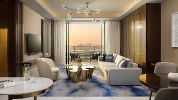 A modern hotel room with a sofa, armchairs, a coffee table, a TV, and a view of a cityscape.