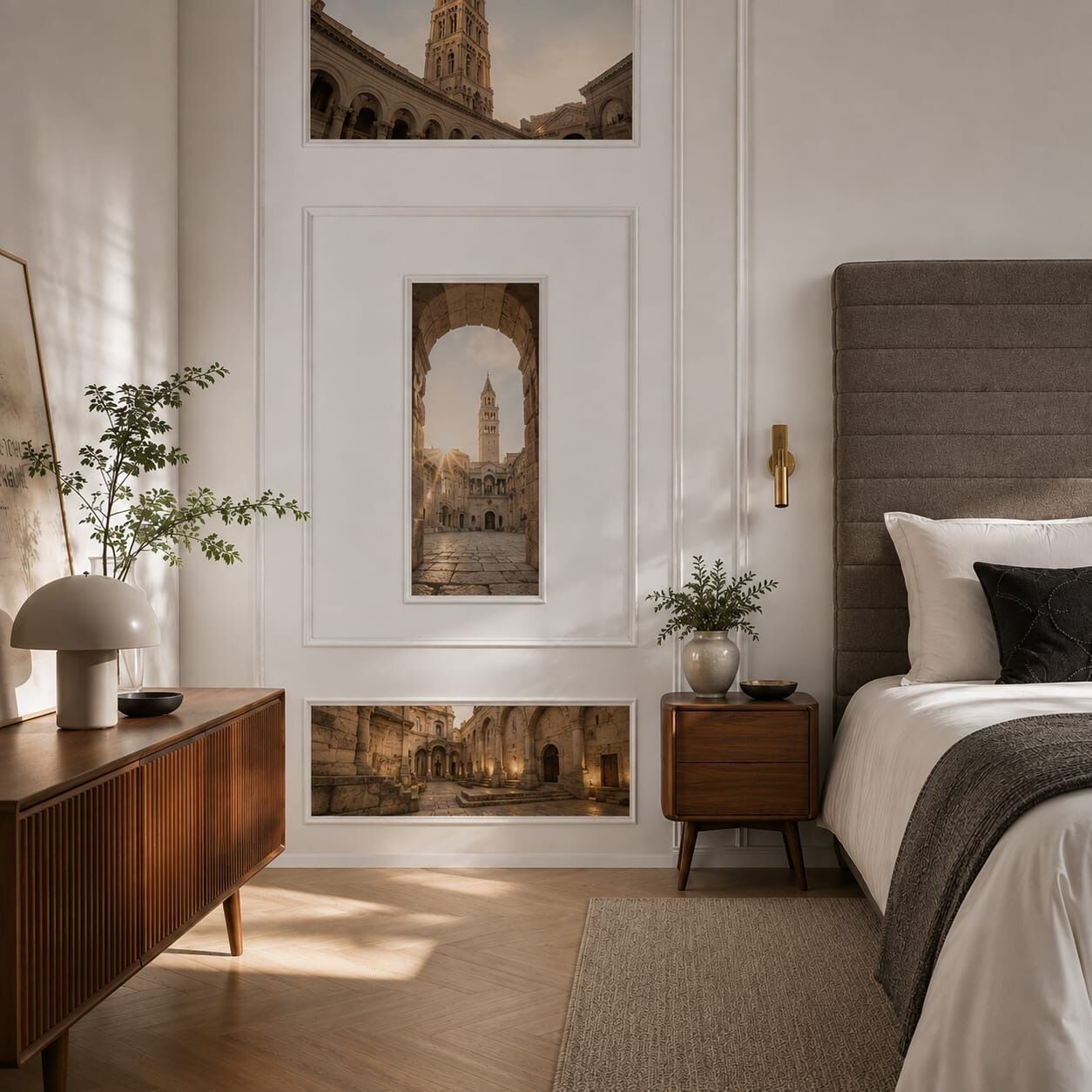 A bedroom with a bed, bedside tables, a lamp, and framed pictures on the wall.