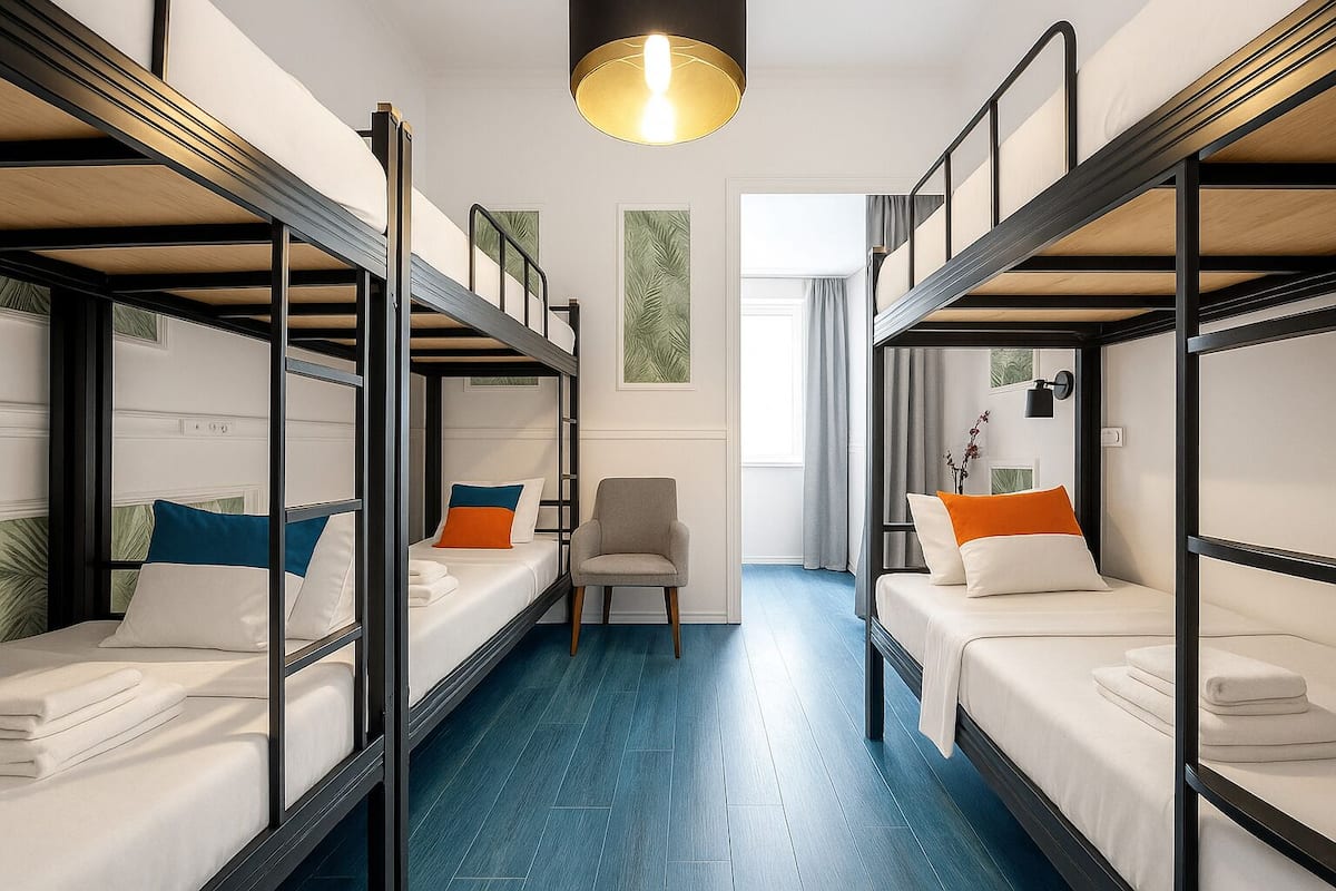 A hotel room with bunk beds, a chair, and a window with curtains.