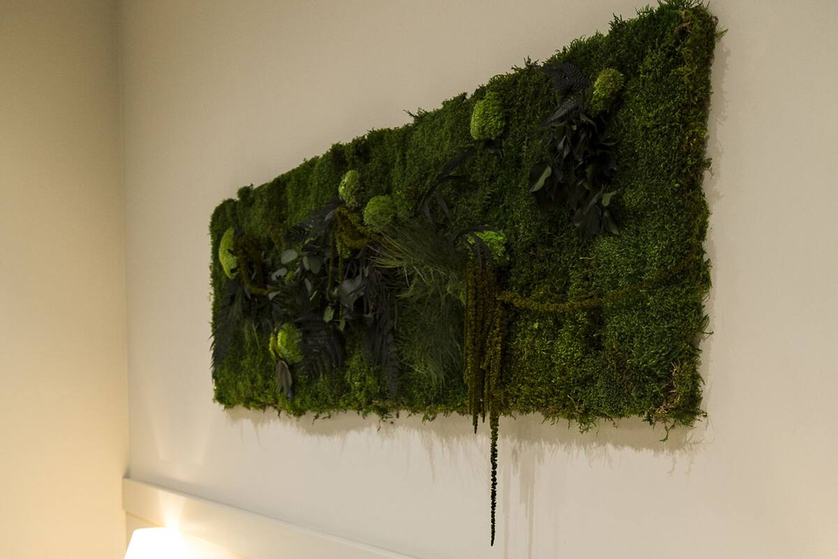A bedroom with a bed, white bedding, and a wall-mounted green moss wall art.