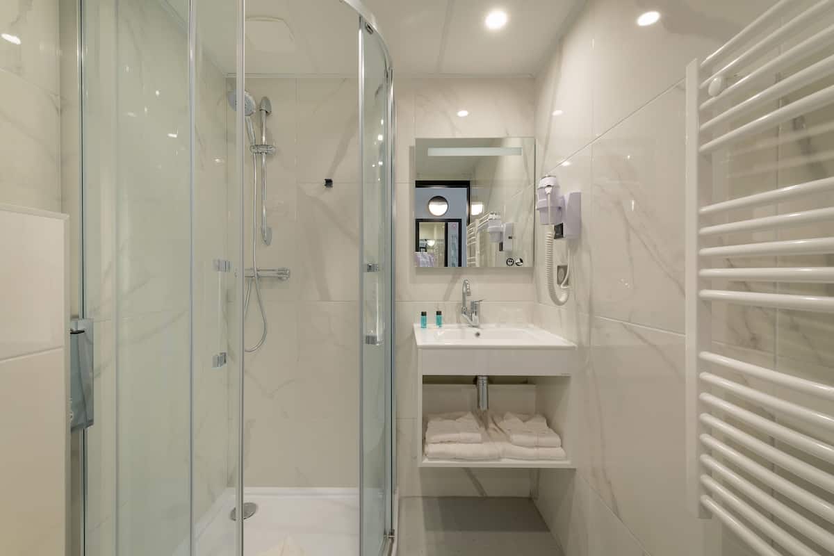 hair dryer, towels, soap, shampoo