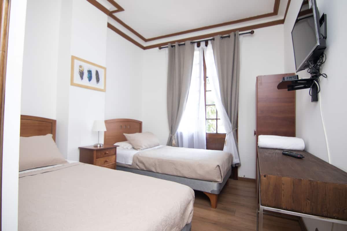 2 camas individuales, vista al cerro (1) | Ropa de cama de alta calidad, edredones de plumas, escritorio