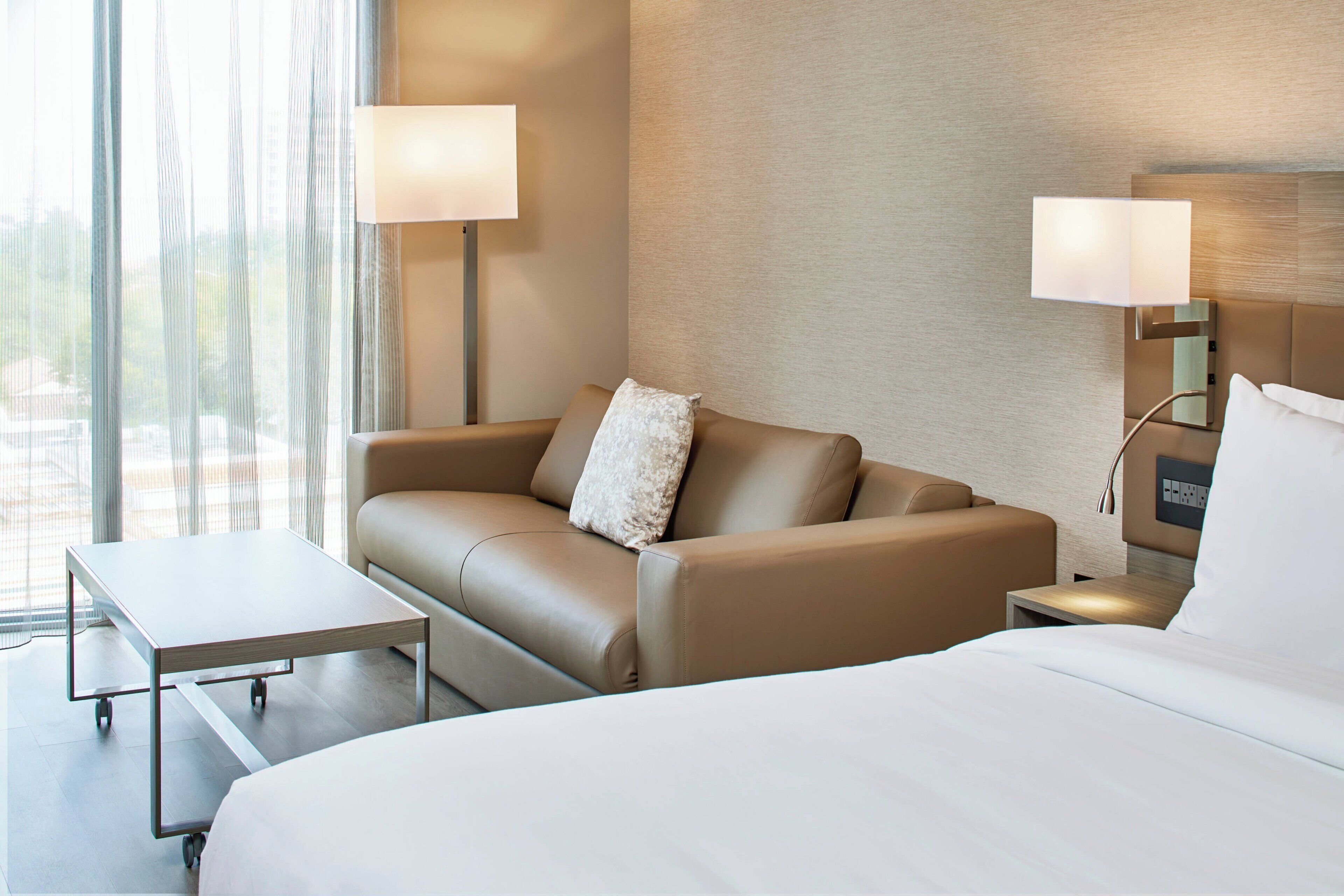 Premium bedding, pillowtop beds, desk, laptop workspace