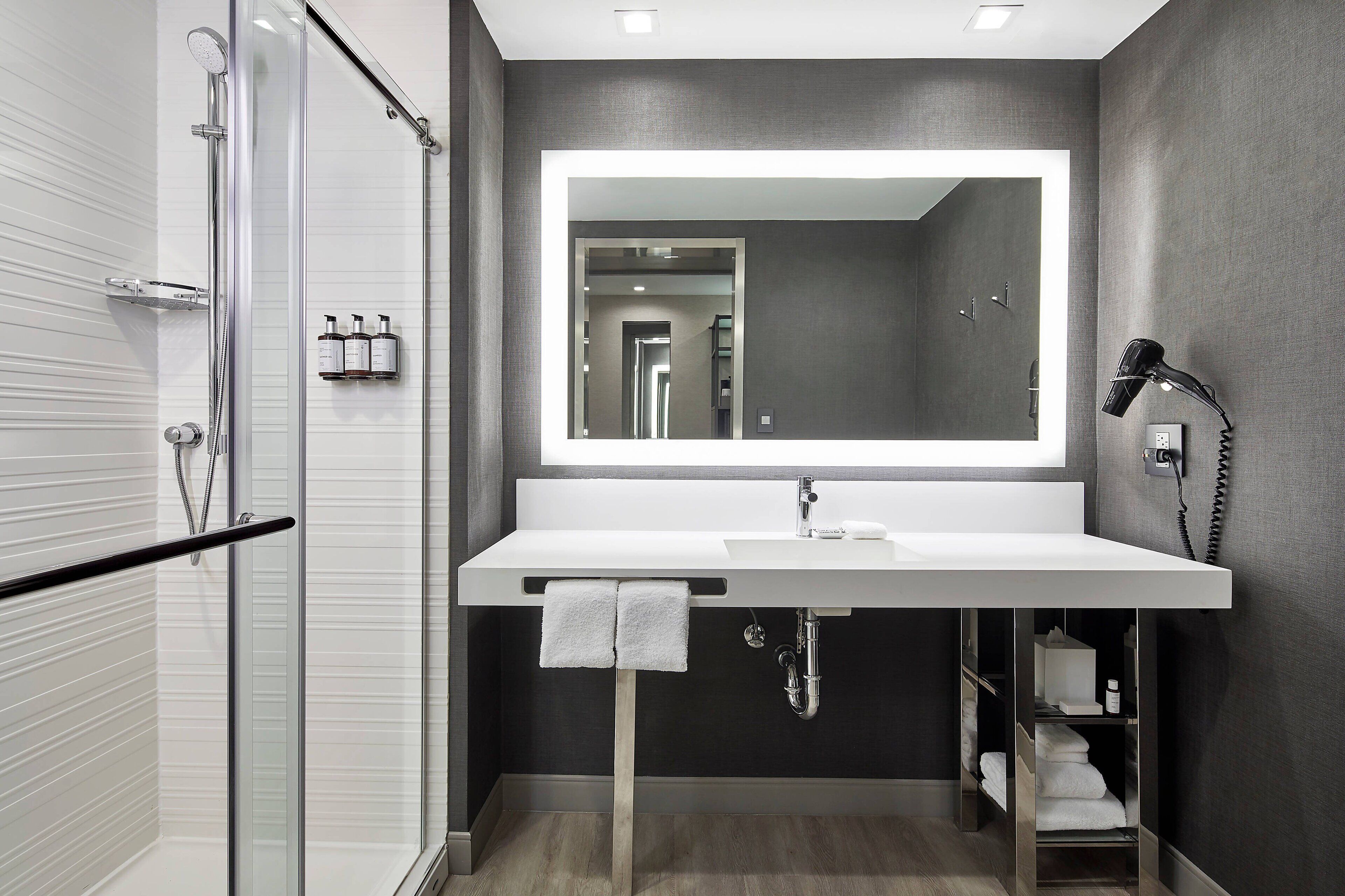 shower, rainfall showerhead, free toiletries, hair dryer