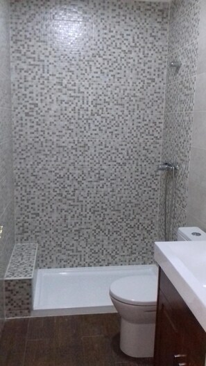 Ducha, cabezal de ducha tipo lluvia, secador de pelo y toallas