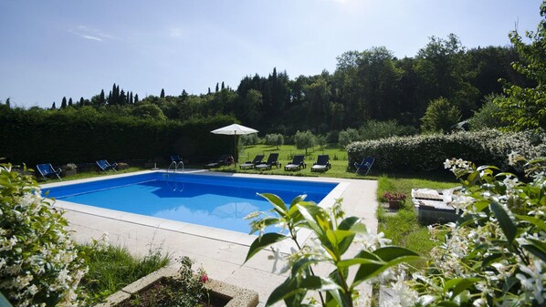 Outdoor pool, pool umbrellas, pool loungers