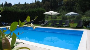 Outdoor pool, pool umbrellas, pool loungers