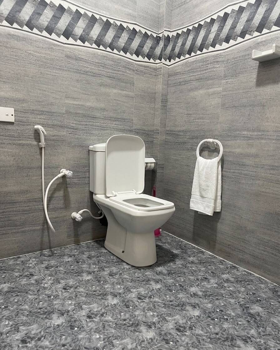 Un baño con inodoro, toallero y manguera de ducha.