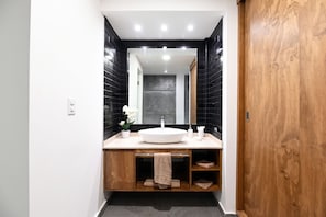 A modern bathroom with a large sink, mirror, and wooden cabinet.
