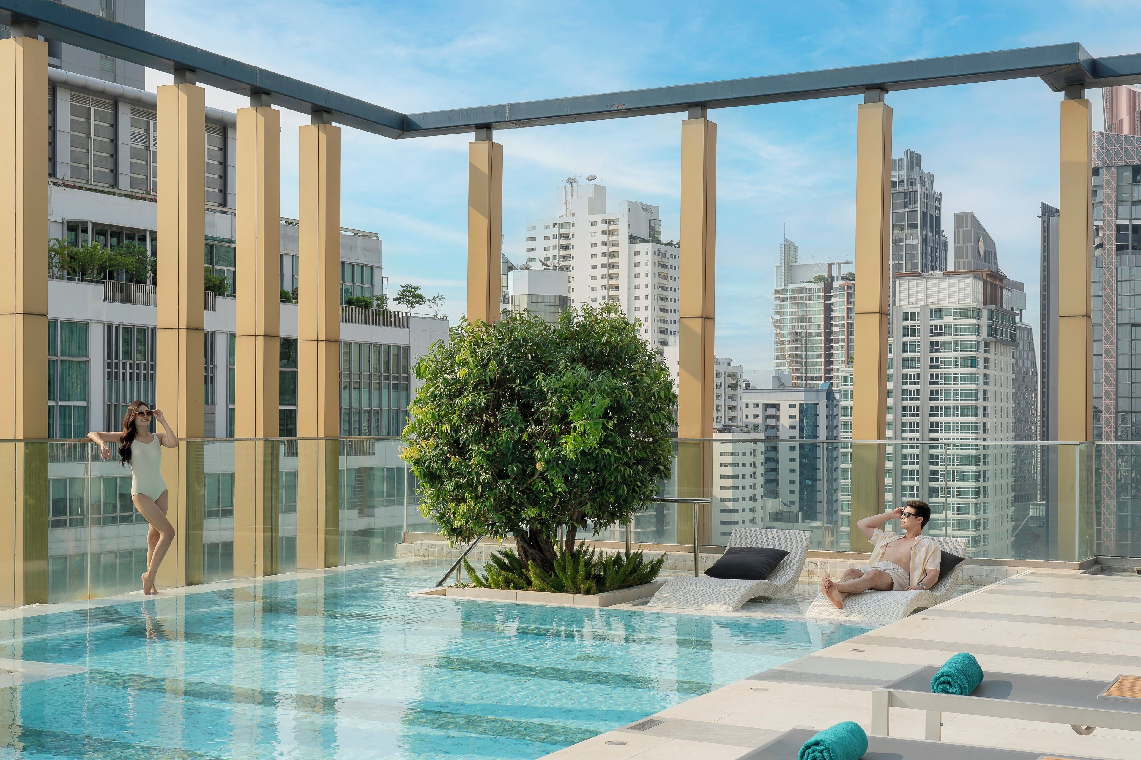 A rooftop pool with lounge chairs and a large tree, surrounded by high-rise buildings.