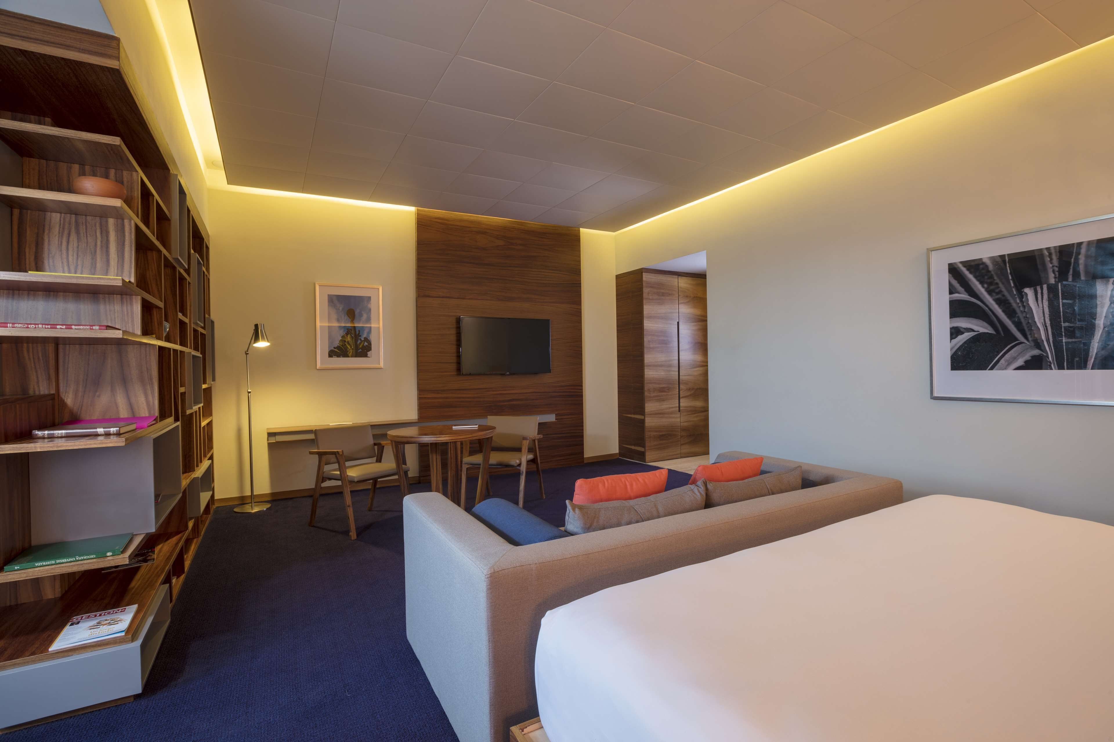 Una habitación de hotel moderna con una cama grande, un sofá, un escritorio y una estantería.