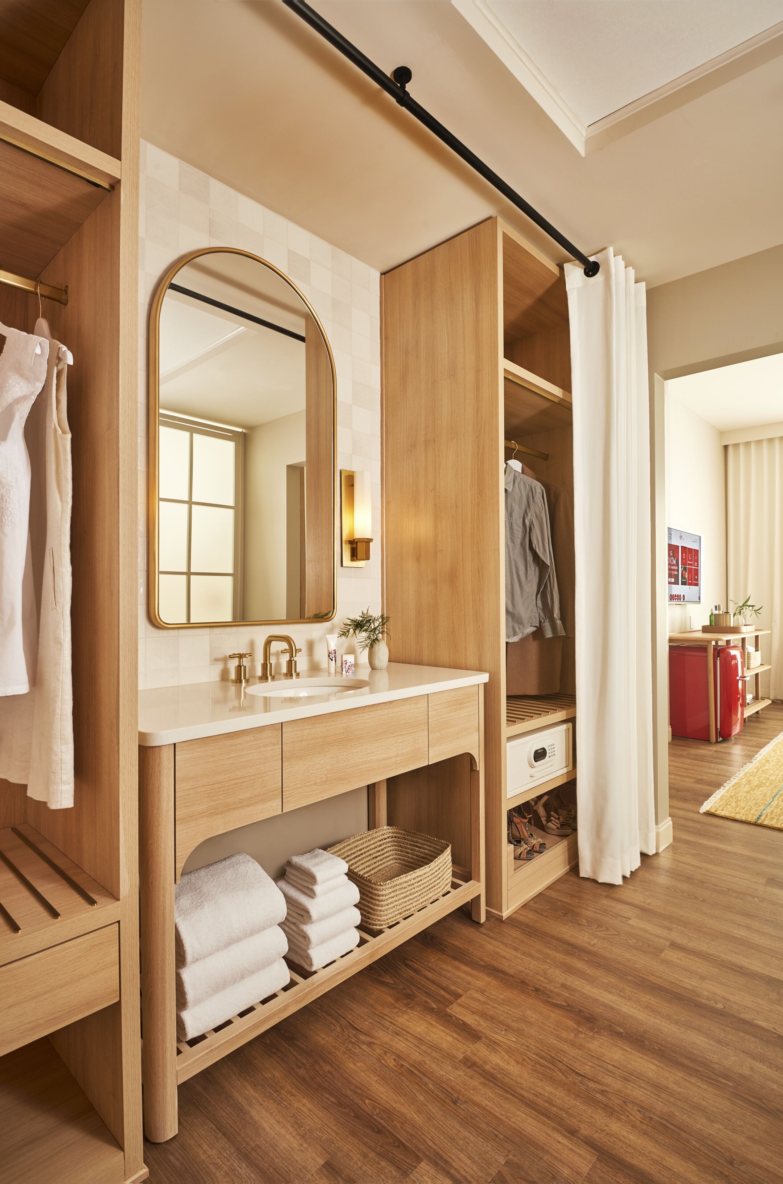 designer toiletries, hair dryer, bathrobes, towels