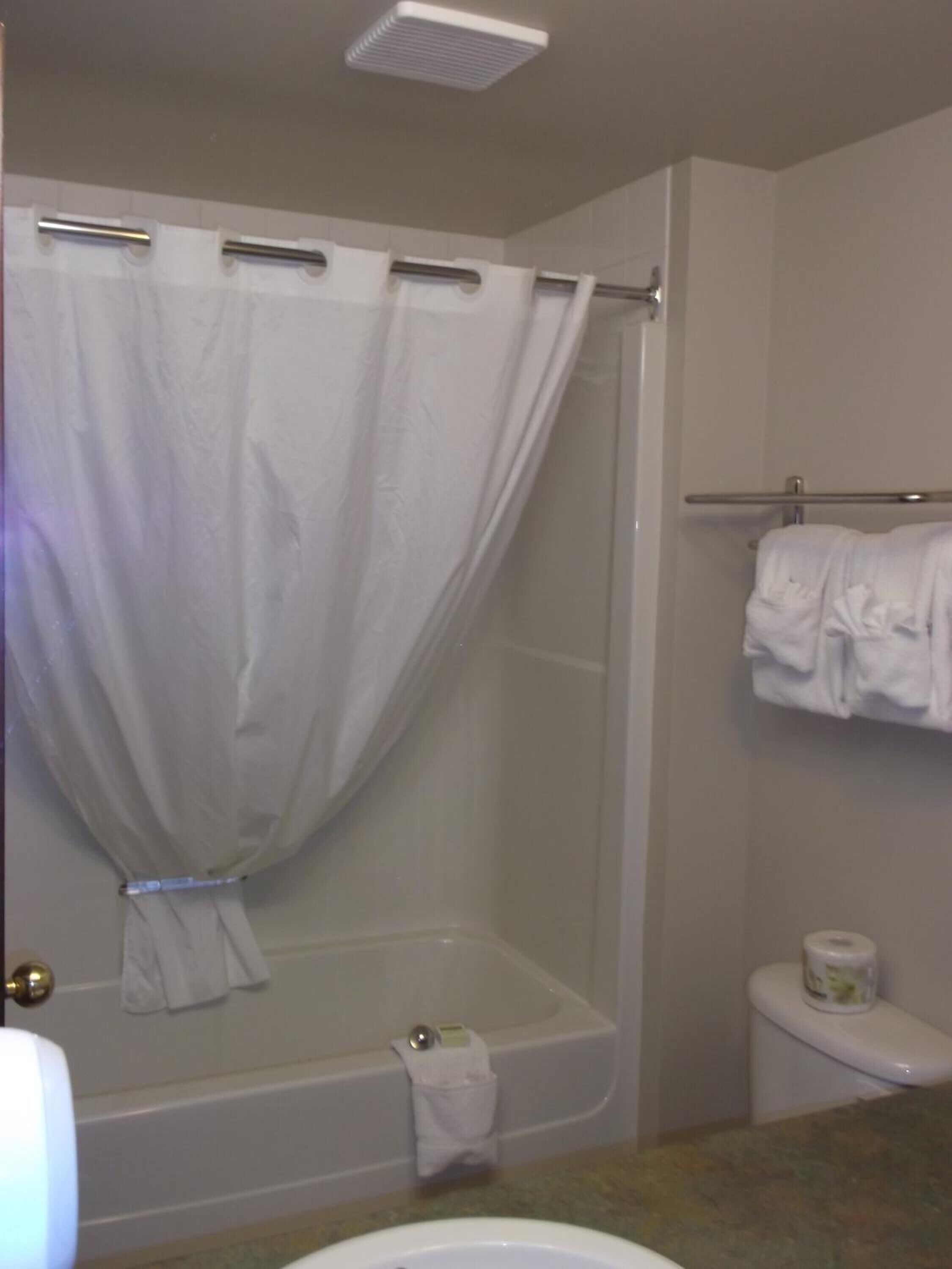 deep-soaking bathtub, free toiletries, hair dryer, towels