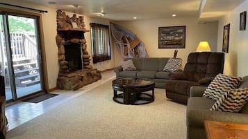 Smart TV, fireplace, foosball