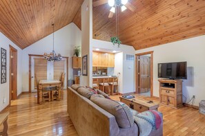 Flat-screen TV, fireplace, DVD player